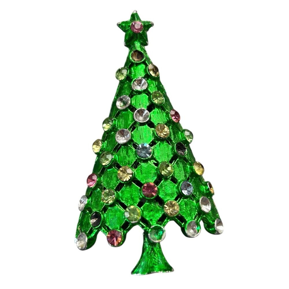 MYLU Signed Pink Yellow Pastel Green Enamel Christmas‎ Tree Holiday Brooch